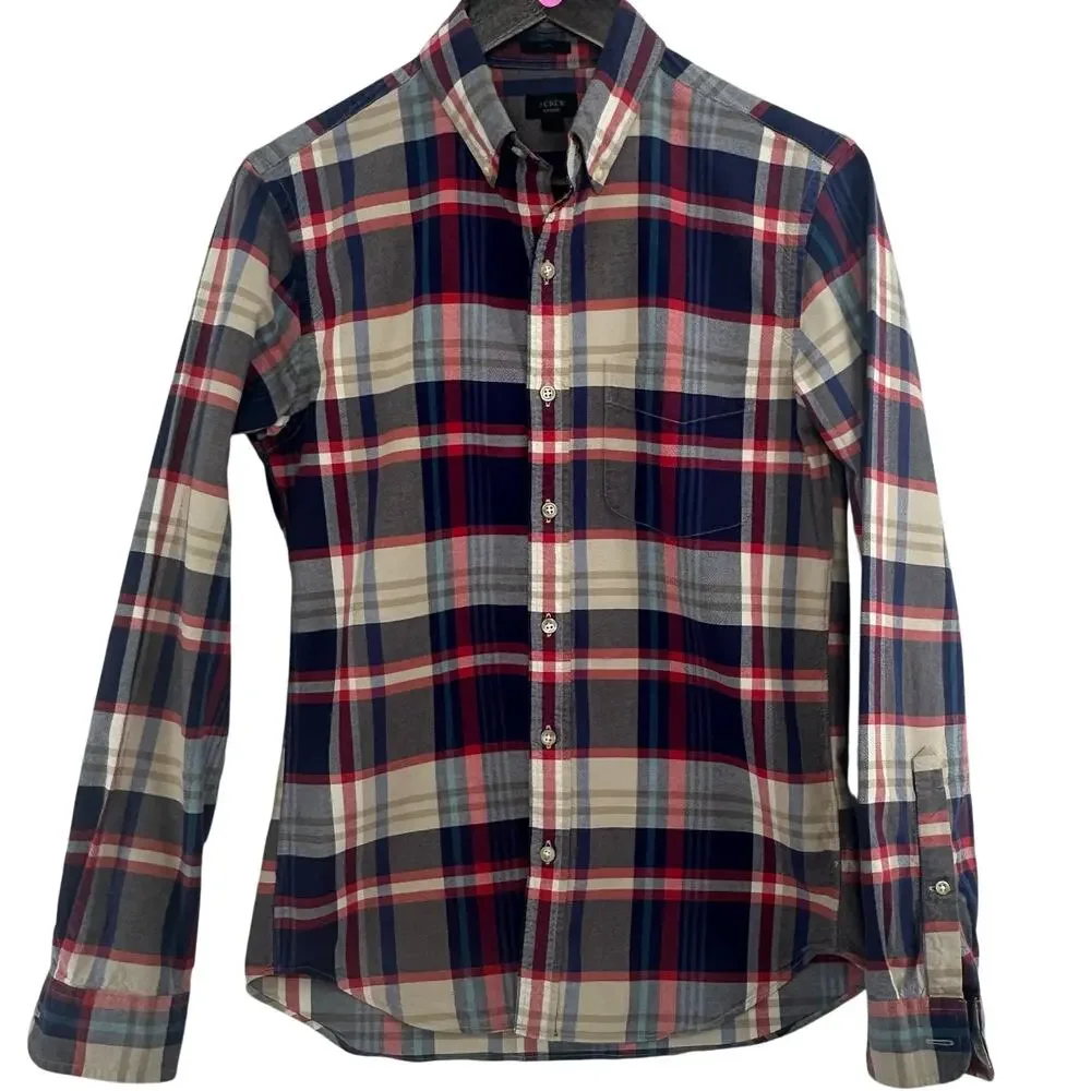 J.Crew Slim Fit Oxford Shirt Mens S Blue Red Plaid Button Down Preppy